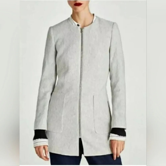 Zara long Blazer Chevron zip-up Pockets M Light Gray Preppy Workwear Wedding - Picture 2 of 6